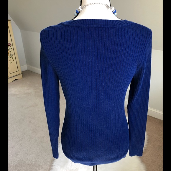 Merona Blue Rib Knit V-Neck Pullover Sweater Size Large - Picture 2 of 3